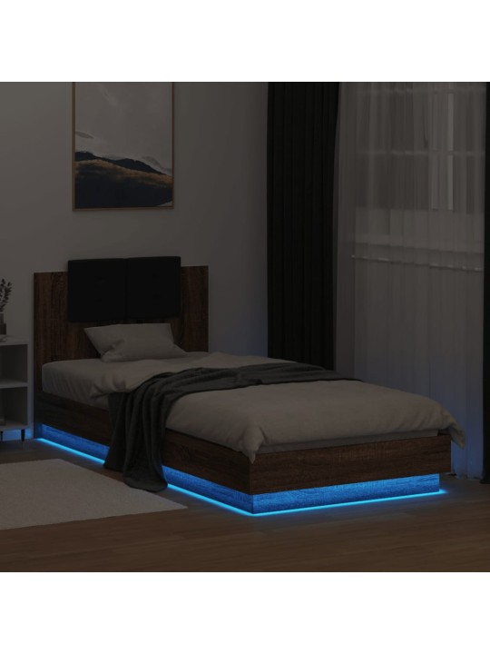 Gultas rāmis ar galvgali un LED, brūna koka krāsa, 100x200 cm