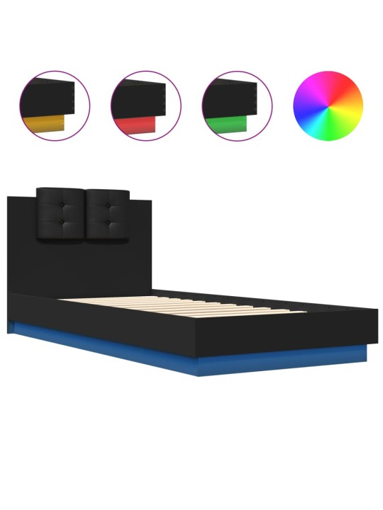 Gultas rāmis ar galvgali un LED, melns, 90x200 cm