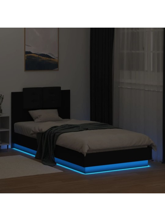 Gultas rāmis ar galvgali un LED, melns, 90x200 cm