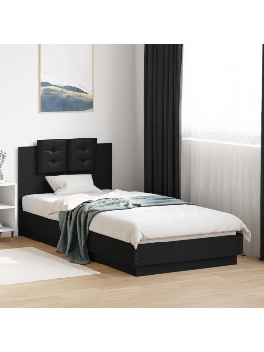 Gultas rāmis ar galvgali un LED, melns, 90x200 cm