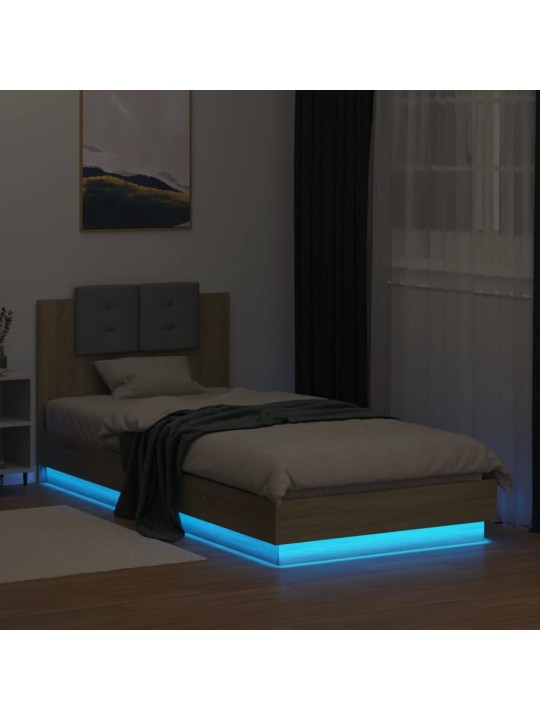Gultas rāmis ar galvgali un LED, koka krāsa, 90x200 cm