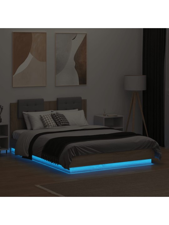 Gultas rāmis ar galvgali un LED, koka krāsa, 135x190 cm
