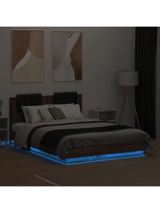 Gultas rāmis ar galvgali un LED, koka krāsa, 135x190 cm