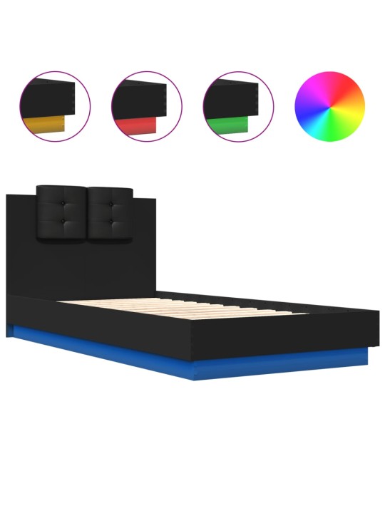 Gultas rāmis ar galvgali un LED, melns, 75x190 cm