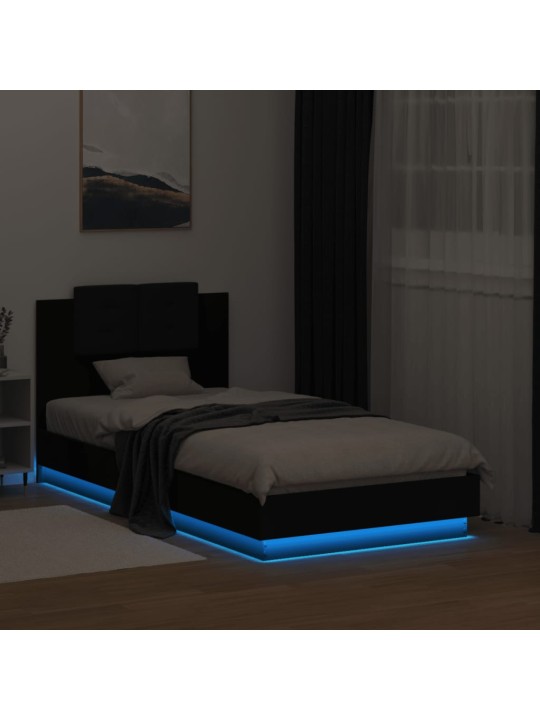 Gultas rāmis ar galvgali un LED, melns, 75x190 cm