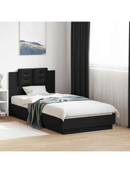 Gultas rāmis ar galvgali un LED, melns, 75x190 cm