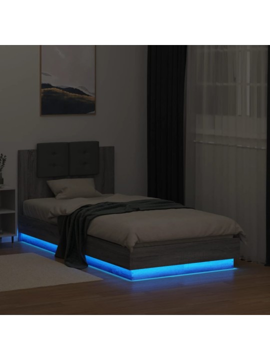 Gultas rāmis ar galvgali un LED, pelēka ozola, 75x190 cm