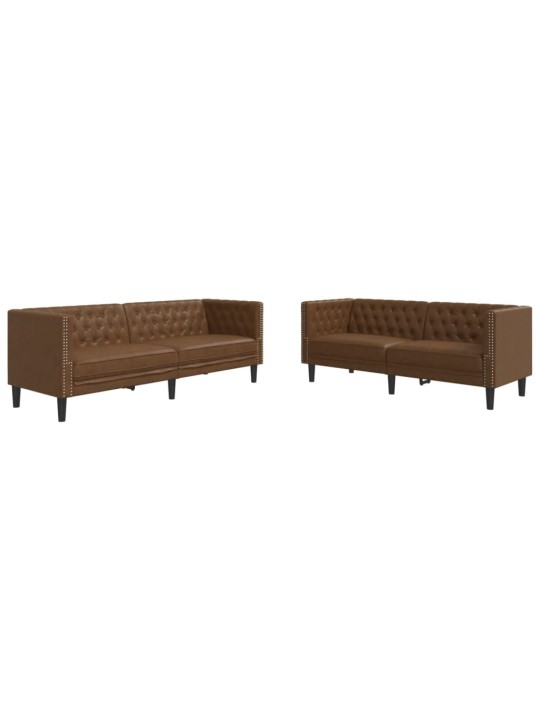 Divdaļīgs chesterfield dīvāns, brūna mākslīgā zamšāda
