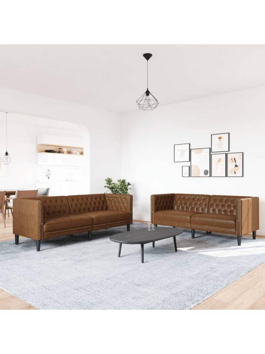 Divdaļīgs chesterfield dīvāns, brūna mākslīgā zamšāda