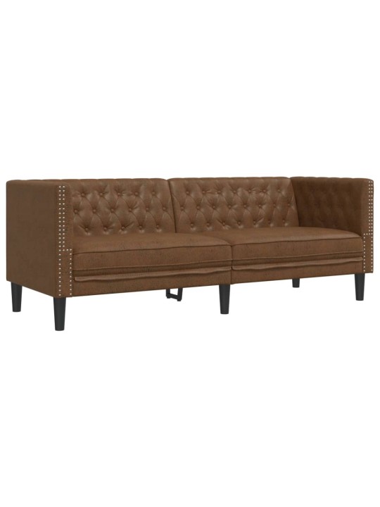 Divdaļīgs chesterfield dīvāns, brūna mākslīgā zamšāda