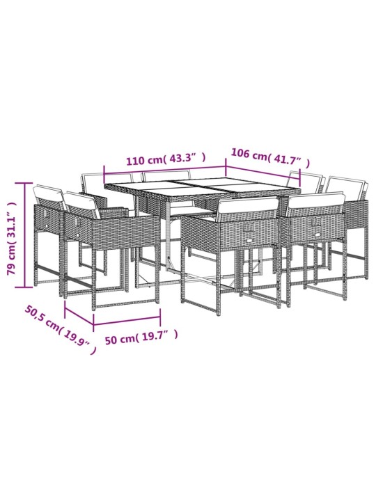 9-daļīgs dārza mēbeļu komplekts, matrači, melns, pe rotangpalma