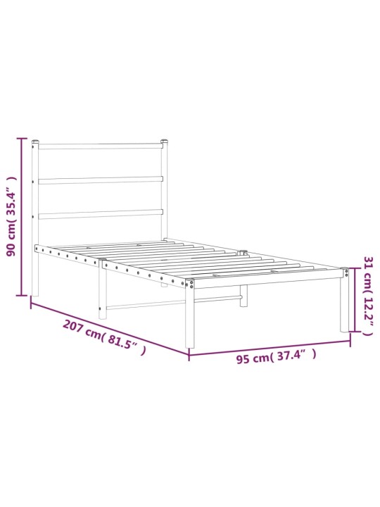 Gultas rāmis ar galvgali, melns metāls, 90x200 cm