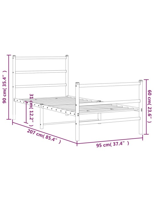 Gultas rāmis ar galvgali un kājgali, balts metāls, 90x200 cm