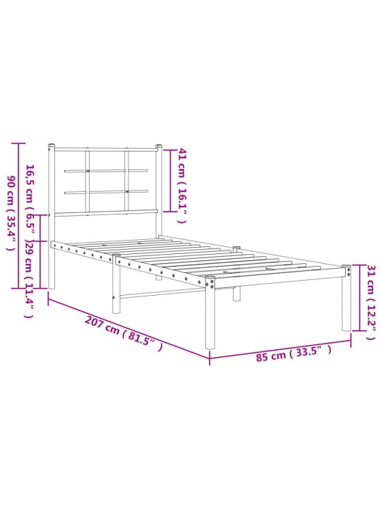 Gultas rāmis ar galvgali, melns metāls, 80x200 cm