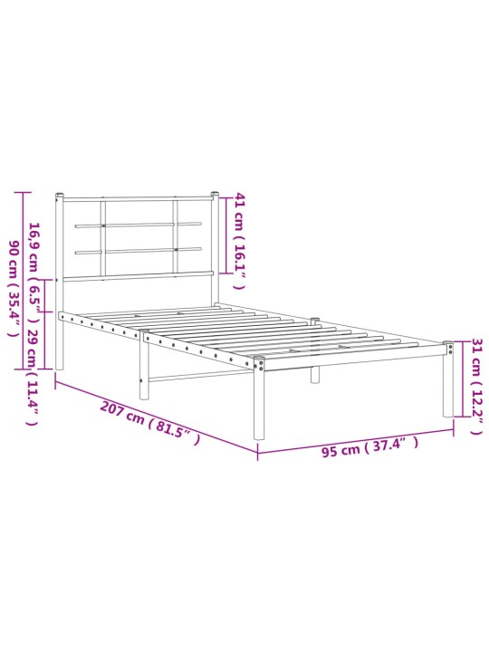 Gultas rāmis ar galvgali, melns metāls, 90x200 cm