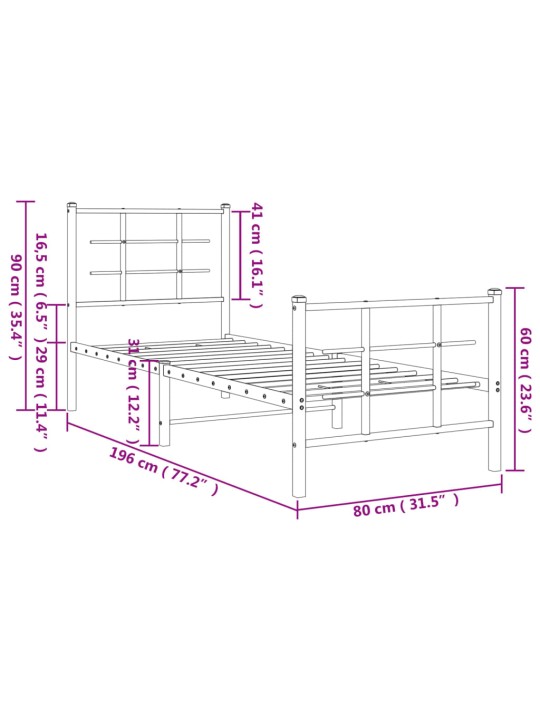 Gultas rāmis ar galvgali un kājgali, melns metāls, 75x190 cm