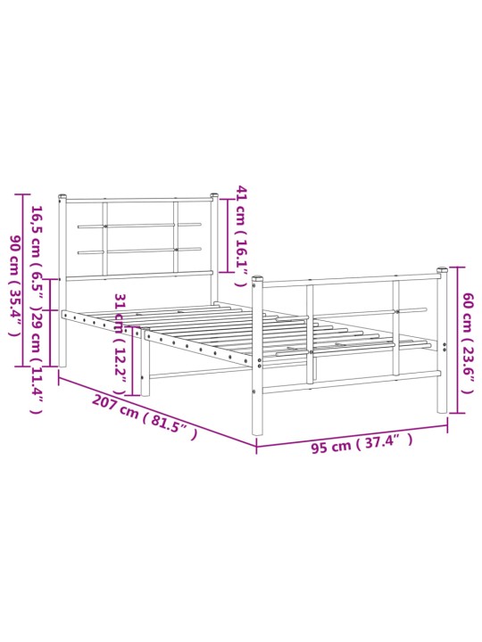 Gultas rāmis ar galvgali un kājgali, balts metāls, 90x200 cm