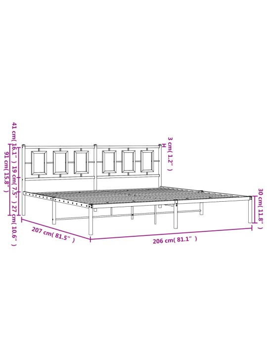 Gultas rāmis ar galvgali, melns metāls, 200x200 cm