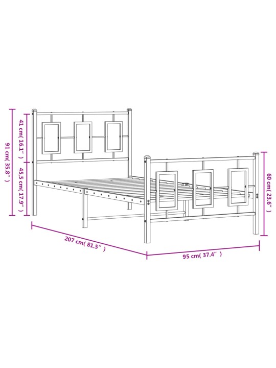 Gultas rāmis ar galvgali un kājgali, melns metāls, 90x200 cm