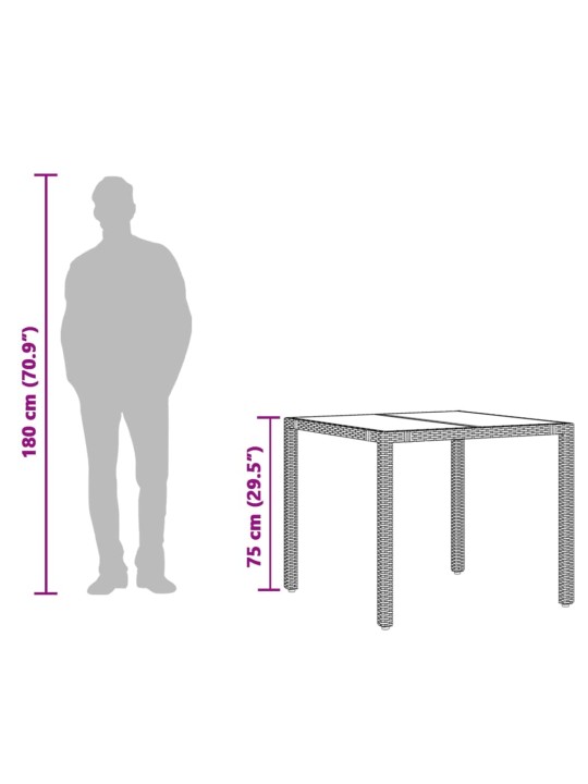 Dārza galds ar stikla virsmu, 90x90x75 cm, brūna pe rotangpalma