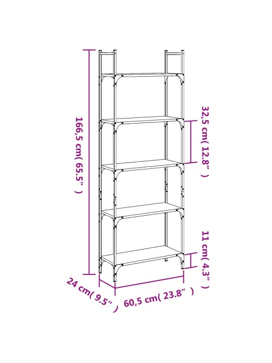 Grāmatu plaukts, 5 līmeņi, melns, 60,5x24x166,5 cm, koks