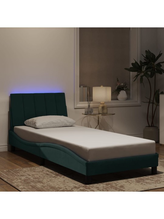 Gultas rāmis ar LED, tumši zaļš, 90x190 cm, samts