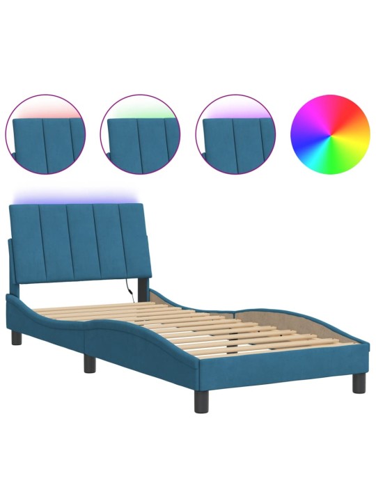 Gultas rāmis ar led, zils samts, 90x190 cm