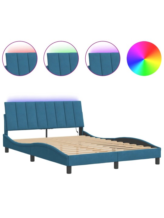 Gultas rāmis ar led, zils samts, 140x190 cm