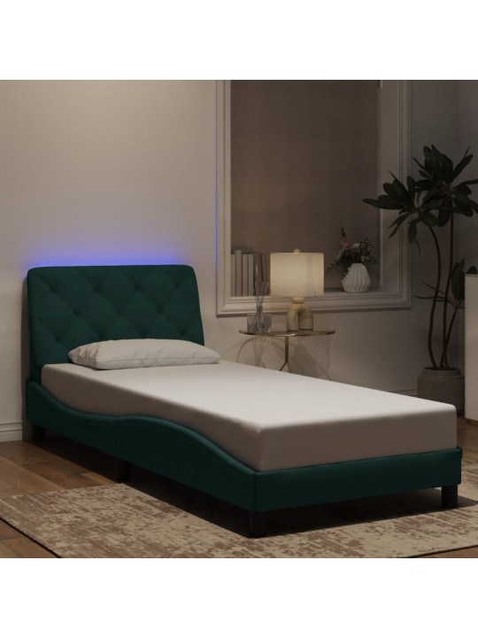 Gultas rāmis ar led, tumši zaļš, 90x190 cm, samts
