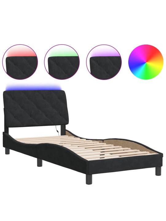 Gultas rāmis ar LED, melns, 90x200 cm, samts