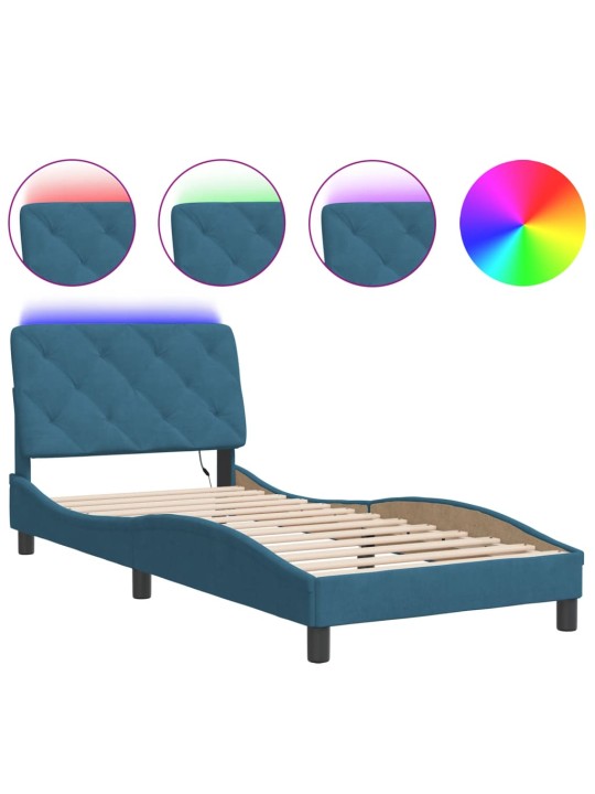 Gultas rāmis ar led, zils samts, 90x200 cm