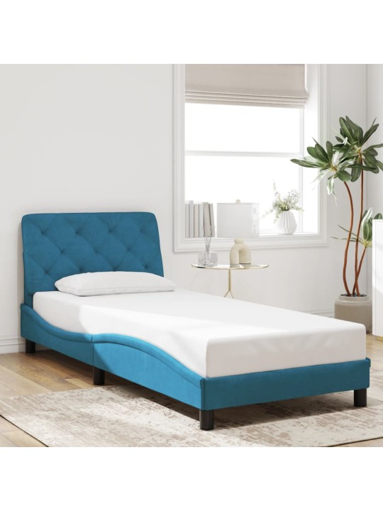 Gultas rāmis ar led, zils samts, 90x200 cm