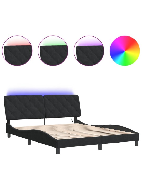 Gultas rāmis ar LED, melns, 160x200 cm, samts