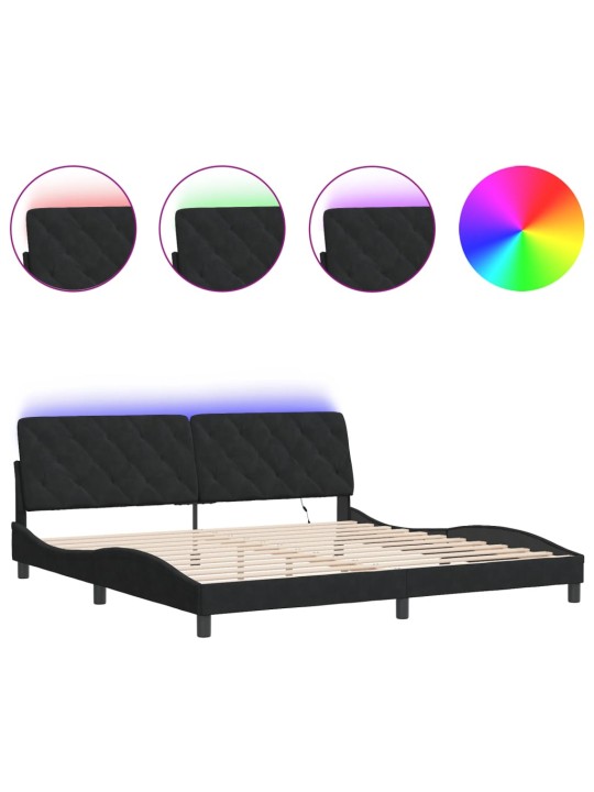Gultas rāmis ar led, melns, 200x200 cm, samts