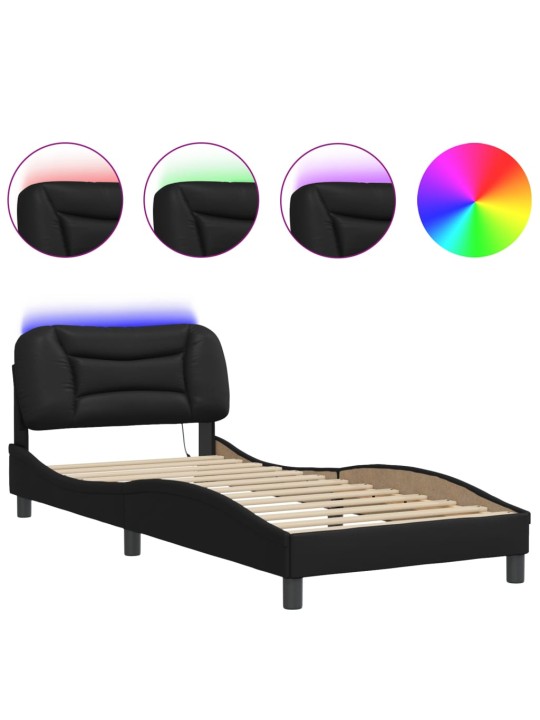 Gultas rāmis ar LED, melns, 90x190 cm, mākslīgā āda