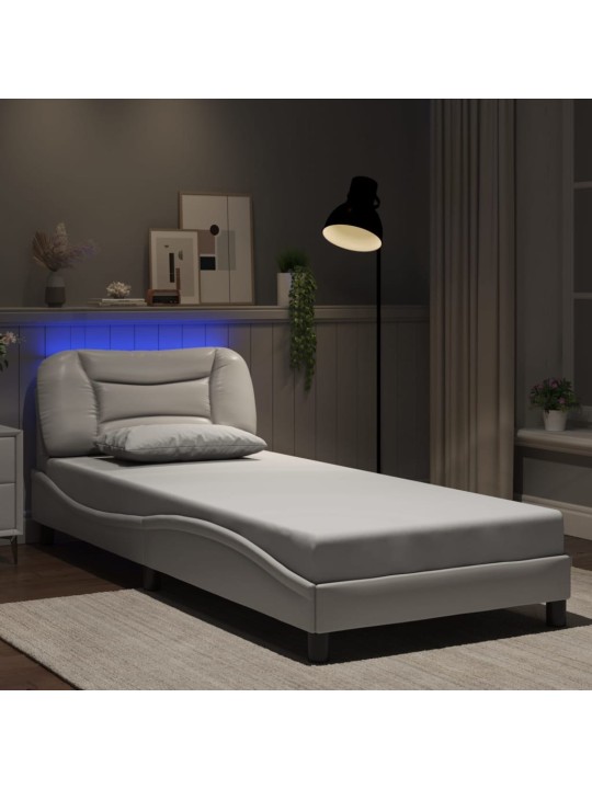 Gultas rāmis ar led, balts, 90x190 cm, mākslīgā āda