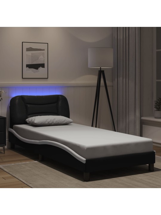 Gultas rāmis ar led, melns un balts, 90x190 cm, mākslīgā āda