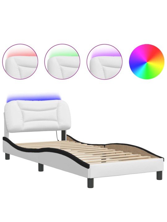 Gultas rāmis ar led, balts un melns, 90x190 cm, mākslīgā āda