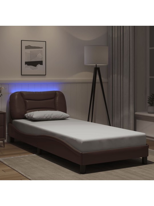 Gultas rāmis ar LED, brūns, 90x200 cm, mākslīgā āda