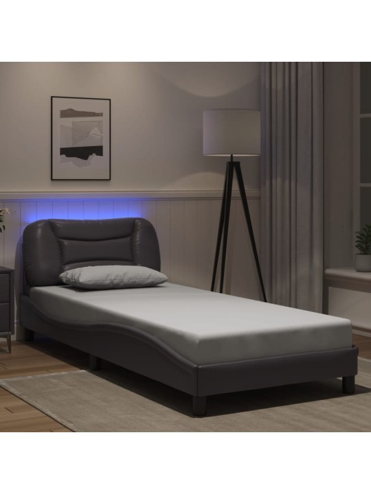 Gultas rāmis ar led, pelēks, 90x200 cm, mākslīgā āda