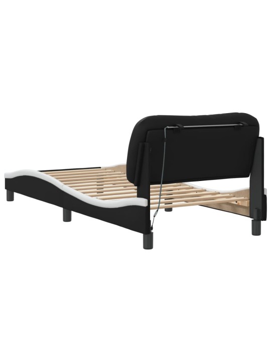 Gultas rāmis ar LED, melns un balts, 90x200 cm, mākslīgā āda