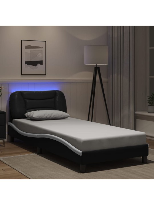 Gultas rāmis ar LED, melns un balts, 90x200 cm, mākslīgā āda