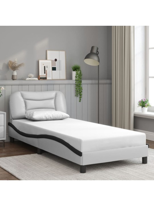 Gultas rāmis ar LED, balts un melns, 90x200 cm, mākslīgā āda