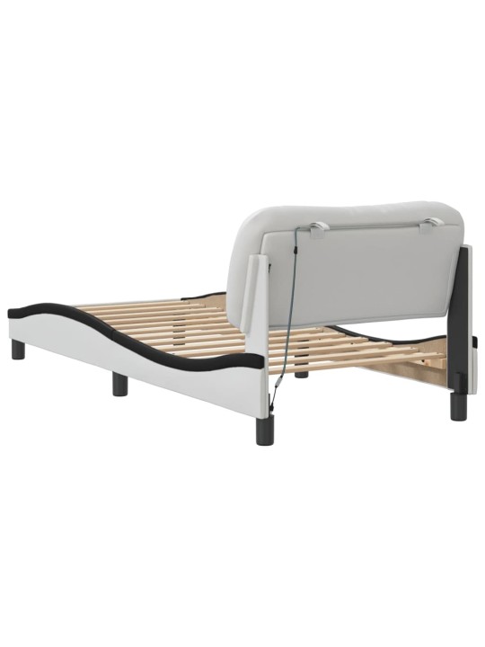 Gultas rāmis ar LED, balts un melns, 90x200 cm, mākslīgā āda