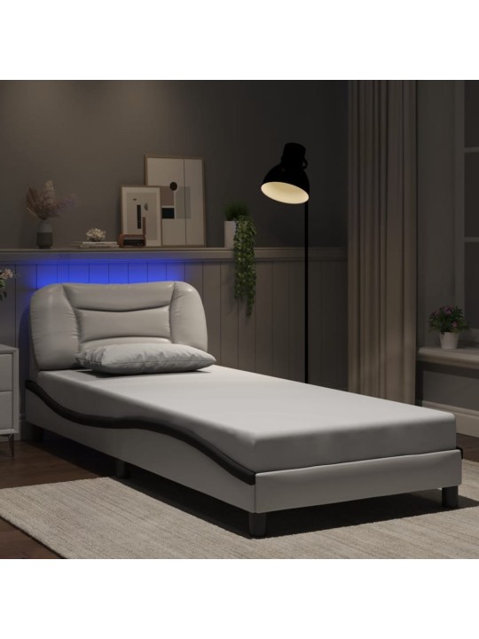 Gultas rāmis ar LED, balts un melns, 90x200 cm, mākslīgā āda