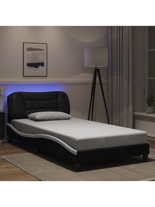 Gultas rāmis ar LED, melns un balts, 100x200 cm, mākslīgā āda