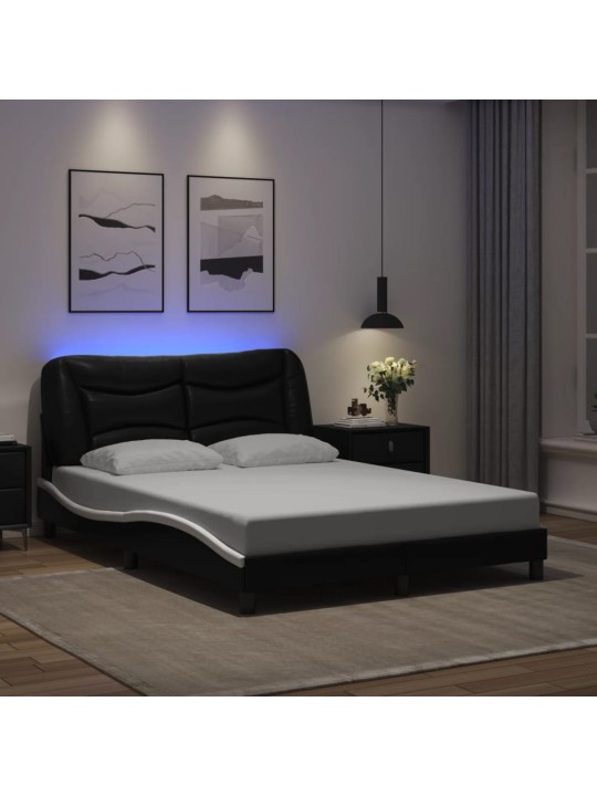 Gultas rāmis ar LED, melns un balts, 140x200 cm, mākslīgā āda