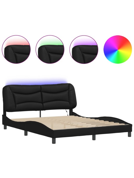 Gultas rāmis ar LED, melns, 160x200 cm, mākslīgā āda