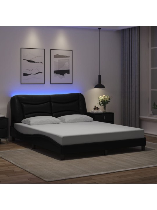 Gultas rāmis ar LED, melns, 160x200 cm, mākslīgā āda