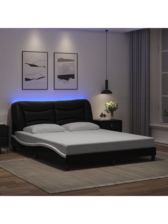 Gultas rāmis ar LED, melns un balts, 160x200 cm, mākslīgā āda